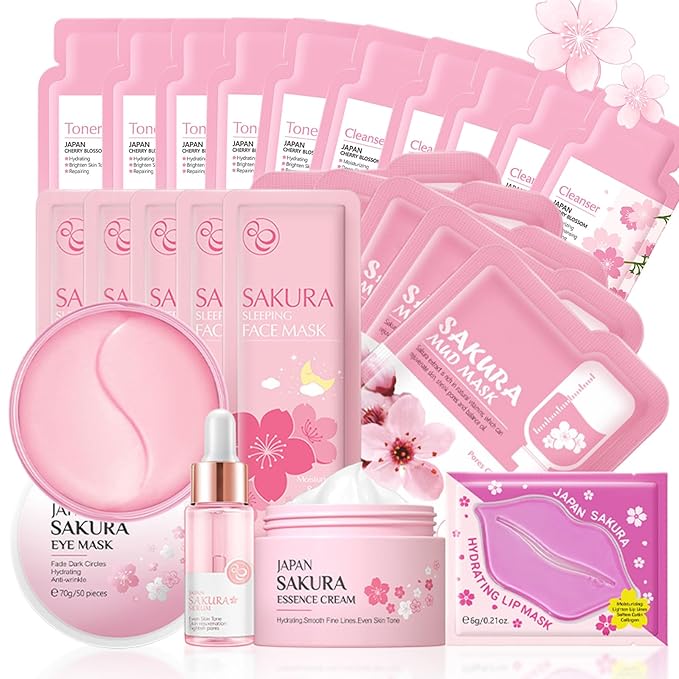 Skincare Set for Teenage Girls, Japan-Sakura Skin Care Products Set, Skin Care Sets & Kits, Cleanser, Toner, Serum, Cream, Sleep Mask,Eye Mask,Mud Mask,Lip Mask Beauty Products Daily Face Care 24PCS-Velvo Beauty