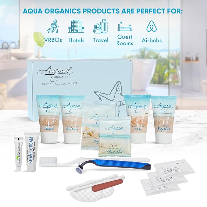 Aqua Organics Amenity & Accessory Kit|1oz Travel Size Shampoo,Conditioner,Lotion,Body Wash,Body Bar, Cleansing Bar, Shave & Dental Sets, Make-Up Remover Wipes & Vanity Kit|60 sets-Velvo Beauty