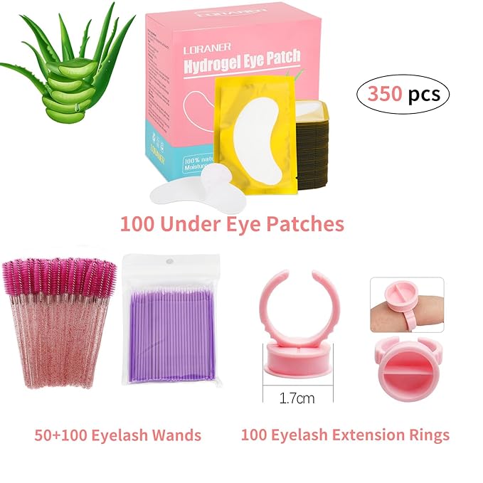 350 PCS Under Eye Gel Pads,Eyelash Mascara Brushes,Holder Eyelash Extension Rings - 100% Naturel Lint Free,Comfy and Cool,Eyelash Extension Eye Pads,Hydro gel Eye Patches Beauty Tool(Gold)-Velvo Beauty