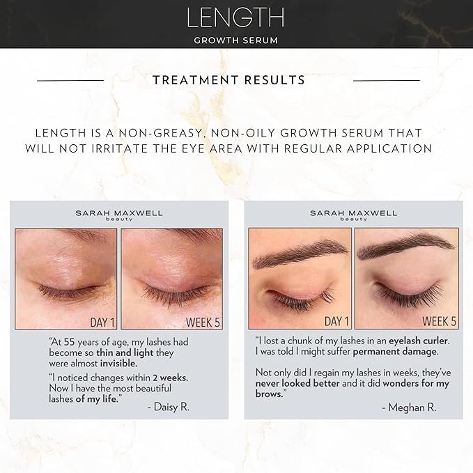 Sarah Maxwell Beauty - LENGTH Growth Serum for Eyelash & Brow Boost, Vegan, Paraben-Free, Cruelty-Free – Enhance Lashes & Brows, Clean Beauty Lash Treatment (0.17 fl oz | 5 mL)-Velvo Beauty