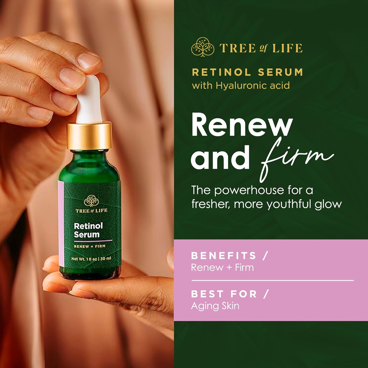 Tree of Life Beauty Retinol Serum, Skin Smoothing Face Oil for Dark and Age Spots and Fine Lines, Facial Serums for Dry and Sensitive Skin Care with Hyaluronic Acid for Soft Smooth Skin, 2 Fl Oz-Velvo Beauty