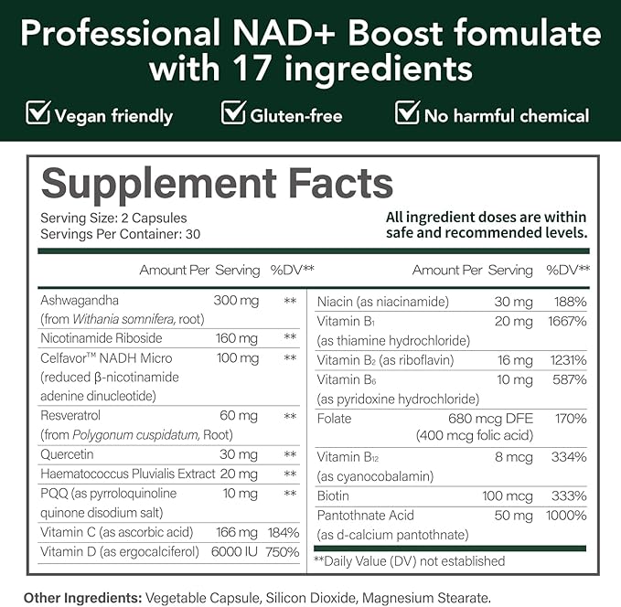CELFULL NADH Supplement NAD+ with Resveratrol,Nicotinamide Riboside,NAD+ Boosting Supplement for Anti Aging Cellular Energy &Stamina-2Pack-Velvo Beauty
