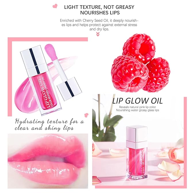 Lip Oil Hydrating Tinted Lip Balm, Plump Lip Gloss Lip Care Transparent Toot Lip Oil Tinted, Glass Lip Glow Oil Fresh Texture & Non-sticky, Nourishing Repairing Lightening Lip Lines Lip Care Products ( 007# Raspberry )-Velvo Beauty