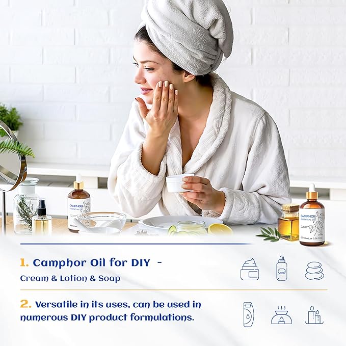 HIQILI 100ML Camphor Essential Oil Pure, 100% Undiluted for Skin, Diffuser, Aromatherapy - 3.38 Fl Oz-Velvo Beauty