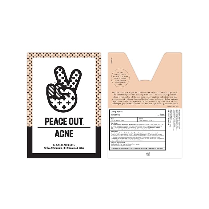 PEACE OUT Acne Healing Dots Helps Clear Blemishes Overnight, Fast Acting Hydrocolloid Pimple Patches for Breakouts with Salicylic Acid, Retinol and Aloe Vera, Award Winning Skincare Solution 10 Count-Velvo Beauty