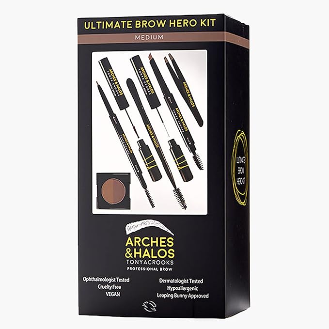 Arches & Halos - Ultimate Brow Hero Kit - Eyebrow Styling Makeup Kit, Pencil, Gel, Shading, Powder, Mousse, Natural and Bold Precise Brow Shaper - Hypoallergenic, Vegan - 7 Pc Kit, Medium-Velvo Beauty