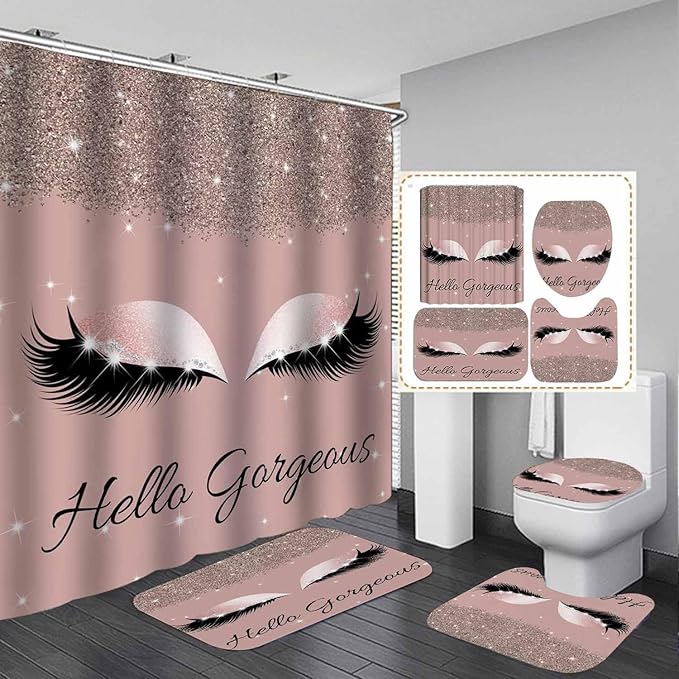 4PCS Hello Gorgeous Shower Curtain Sets with Rugs, Rose Gold Glitter Bling Glam Makeup Diamond Unicorn Eyelash Bathroom Decor, Waterproof Fabric Pink Shower Curtain Girly Gifts for Girls Women-Velvo Beauty