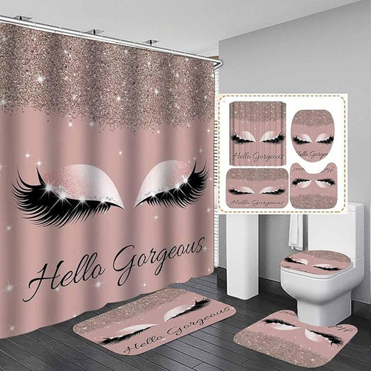 4PCS Hello Gorgeous Shower Curtain Sets with Rugs, Rose Gold Glitter Bling Glam Makeup Diamond Unicorn Eyelash Bathroom Decor, Waterproof Fabric Pink Shower Curtain Girly Gifts for Girls Women-Velvo Beauty
