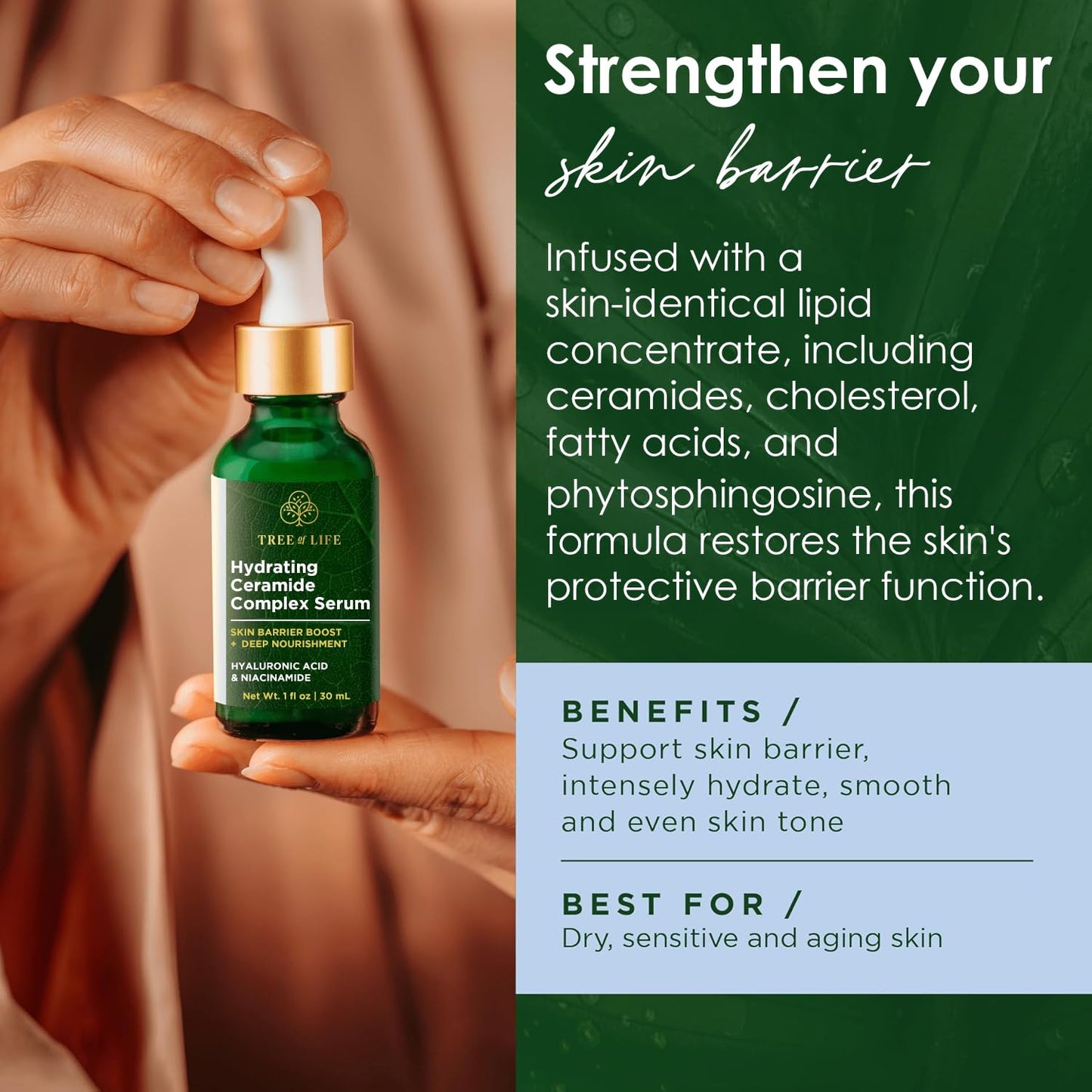 Tree of Life Beauty Ceramide Serum Complex - Skin Barrier Serum with Hemp Seed Oil - Nourishing Barrier Serum with Hyaluronic Acid, Niacinamide and Colloidal Oatmeal - Hydrating Serum for Face 1 Fl Oz-Velvo Beauty