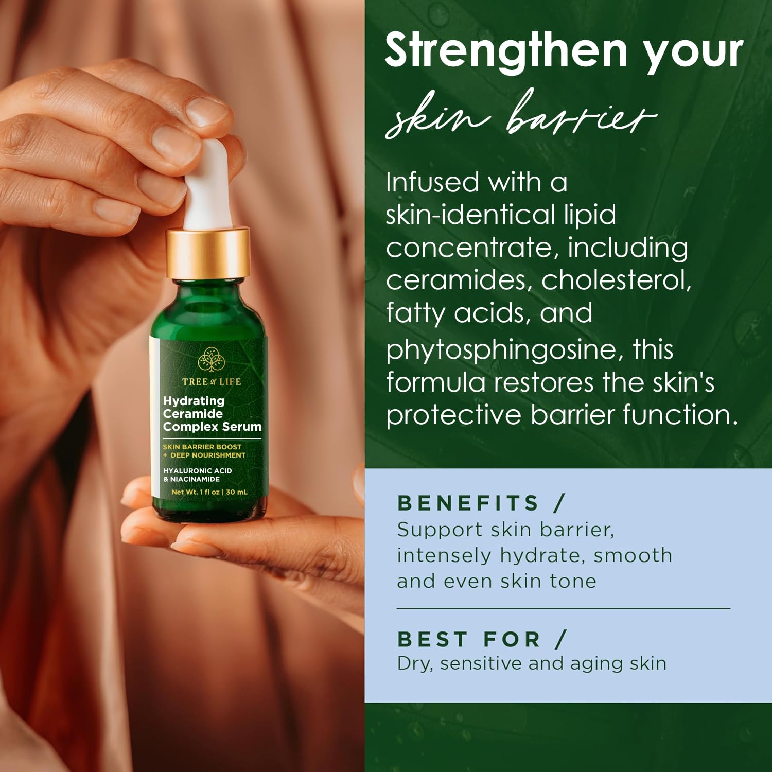 Tree of Life Beauty Ceramide Serum Complex - Skin Barrier Serum with Hemp Seed Oil - Nourishing Barrier Serum with Hyaluronic Acid, Niacinamide and Colloidal Oatmeal - Hydrating Serum for Face 1 Fl Oz-Velvo Beauty