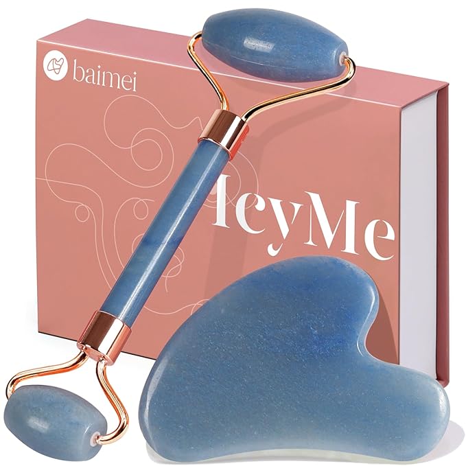BAIMEI Jade Roller & Gua Sha, Face Roller, Facial Beauty Roller Skin Care Tools, Self Care Gift for Men Women, Massager for Face, Eyes, Neck, Relieve Fine Lines and Wrinkles - Blue-Velvo Beauty
