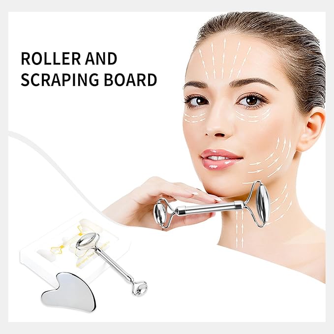 ONLYSKY BEAUTY Face Roller Gua-Sha Set Facial Roller kit for Face Skincare, Stainless-Steel Stone Sculpting Tool, Massager Roller for Skin Care,Gift for Men and Women-Velvo Beauty