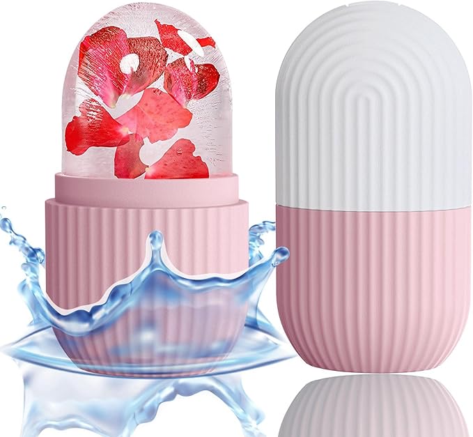 XHJRI Ice Face Roller Massager,Ice Cube Roller for Face, Eyes and Neck Naturally Conditioning and Skin Care,De-Puff Eye Bags,Reduce Migraine Pain,Reusable Massage Silicone Ice Mold (Pink White)-Velvo Beauty