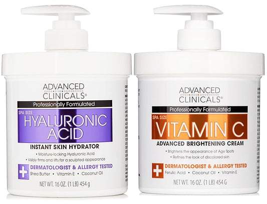 Advanced Clinicals Hyaluronic Acid Moisturzier + Brightening Vitamin C Cream 2pc Skincare Set For Women & Men | Face Moisturizer & Body Cream Helps Improve Look Of Crepey Skin & Uneven Skin Tone, 2pc-Velvo Beauty