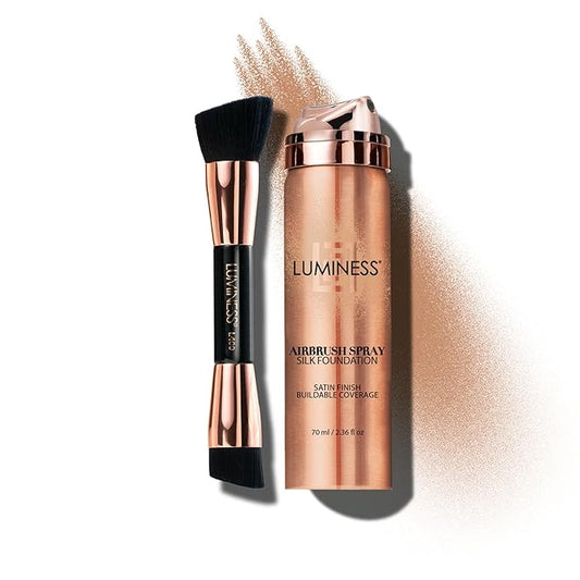 LUMINESS Silk Airbrush Spray Foundation & Buffing Brush Kit – Full Coverage Foundation & Dual-Sided Buffing Brush - Buildable Coverage, Anti-Aging Formula Hydrates & Moisturizes (Shade - Light Tan)-Velvo Beauty