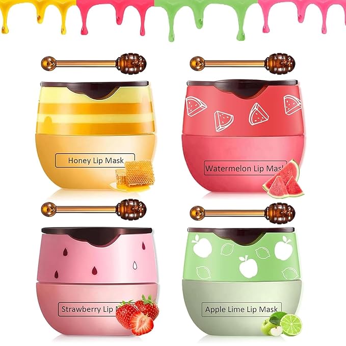 4 PCS Bee Lip Balm Honey Pot,Strawberry&Watermelon&Honey&Apple Lime Lip Mask Overnight Hydrating Prevention Dry and Cracked Lip Scrubs Exfoliator Lip Care, Lip Sleeping Mask Reduces Lip Lines-Velvo Beauty
