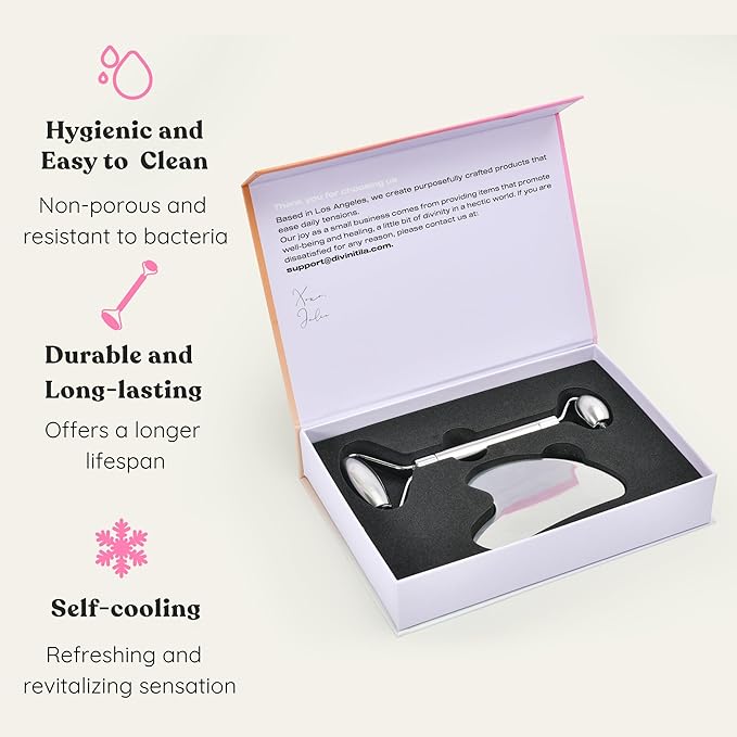 Stainless Steel Face Roller - Premium Gua Sha Facial Tools Stainless Steel GuaSha Tool and Face Roller Set - Gua Sha Stainless Steel Gua Sha Tool - Metal Face Roller and Gua Shua Set - Spa Gifts-Velvo Beauty
