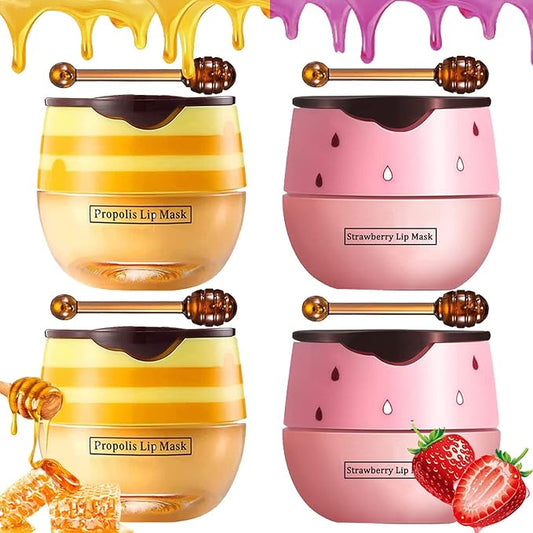 Bee Lip Balm Honey Pot, 4 PCS Strawberry & Honey Lip Masks Hydrating Prevention Dry and Cracked Lip Scrubs Exfoliator，Lip Sleep Mask Reduces Lip Lines，Lip Exfoliating Bee Lip Balm Sleeping Lip Mask-Velvo Beauty