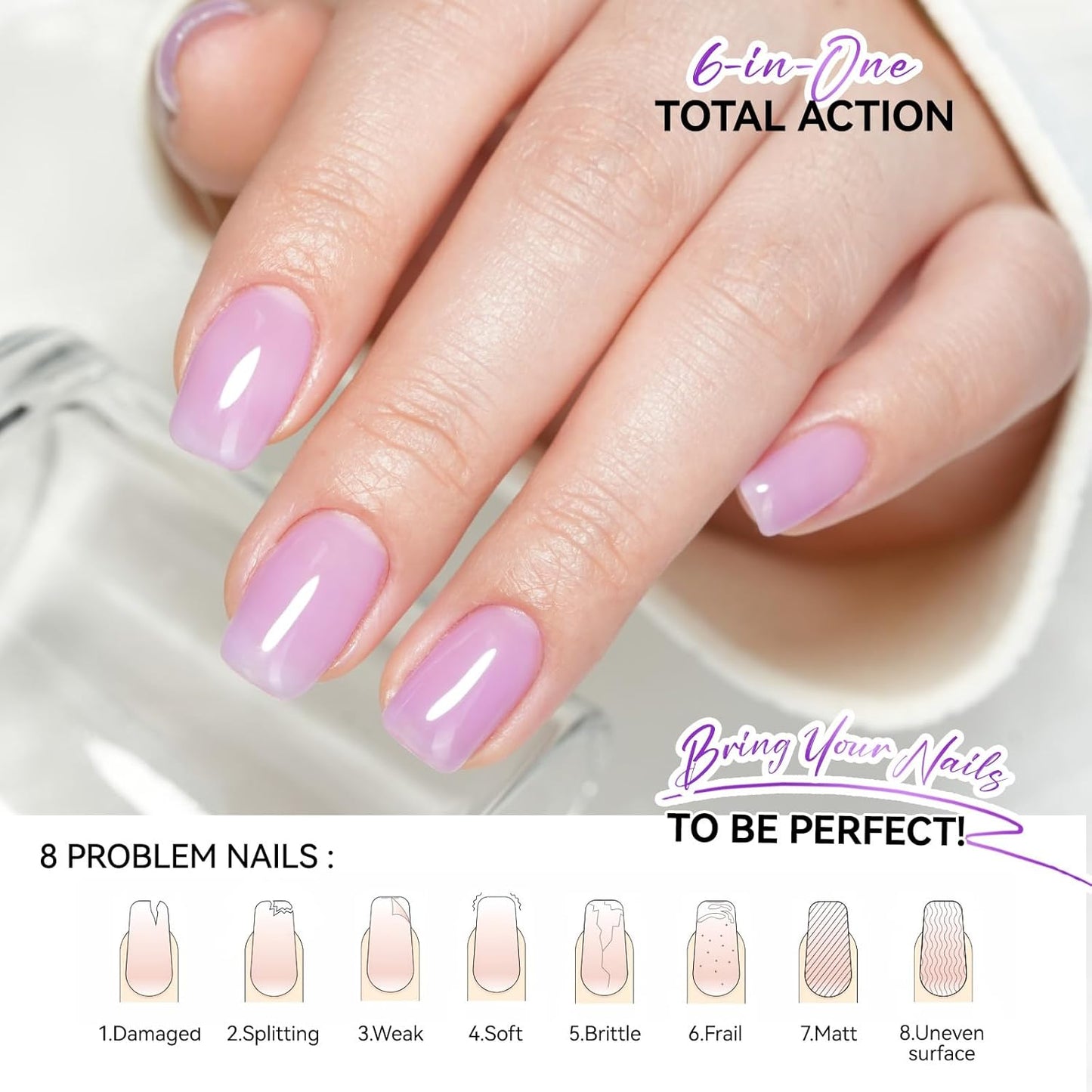 Nail Polish Strengthener and Growth: Lavender Haze Gelike EC 6 in 1 Natural Hardener - Long Lasting Nail Polish Hardener Extra Strong and Growth for Daily Work Home Salon-Velvo Beauty