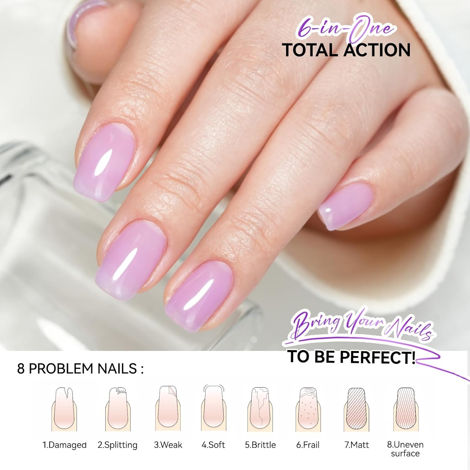 Nail Polish Strengthener and Growth: Lavender Haze Gelike EC 6 in 1 Natural Hardener - Long Lasting Nail Polish Hardener Extra Strong and Growth for Daily Work Home Salon-Velvo Beauty