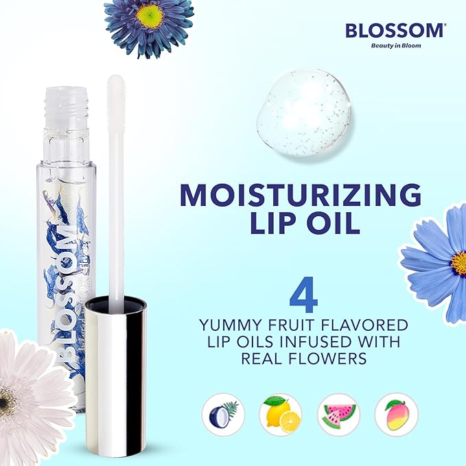 Blossom Moisturizing and Hydrating Shimmer Sparkle Lip Oil with Olive Oil + Grape Seed Oil, Infused with Real Flowers, 3g, Coconut-Velvo Beauty