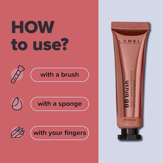 Lamel BB Blush Cheek Makeup - Lightweight and Long Lasting Liquid Blush - Blendable Cream Blush for Cheeks, Natural Finish Cream Contour - Nude Liquid Blush, 401 (Tea Rose) -10ml/0,33fl.oz-Velvo Beauty