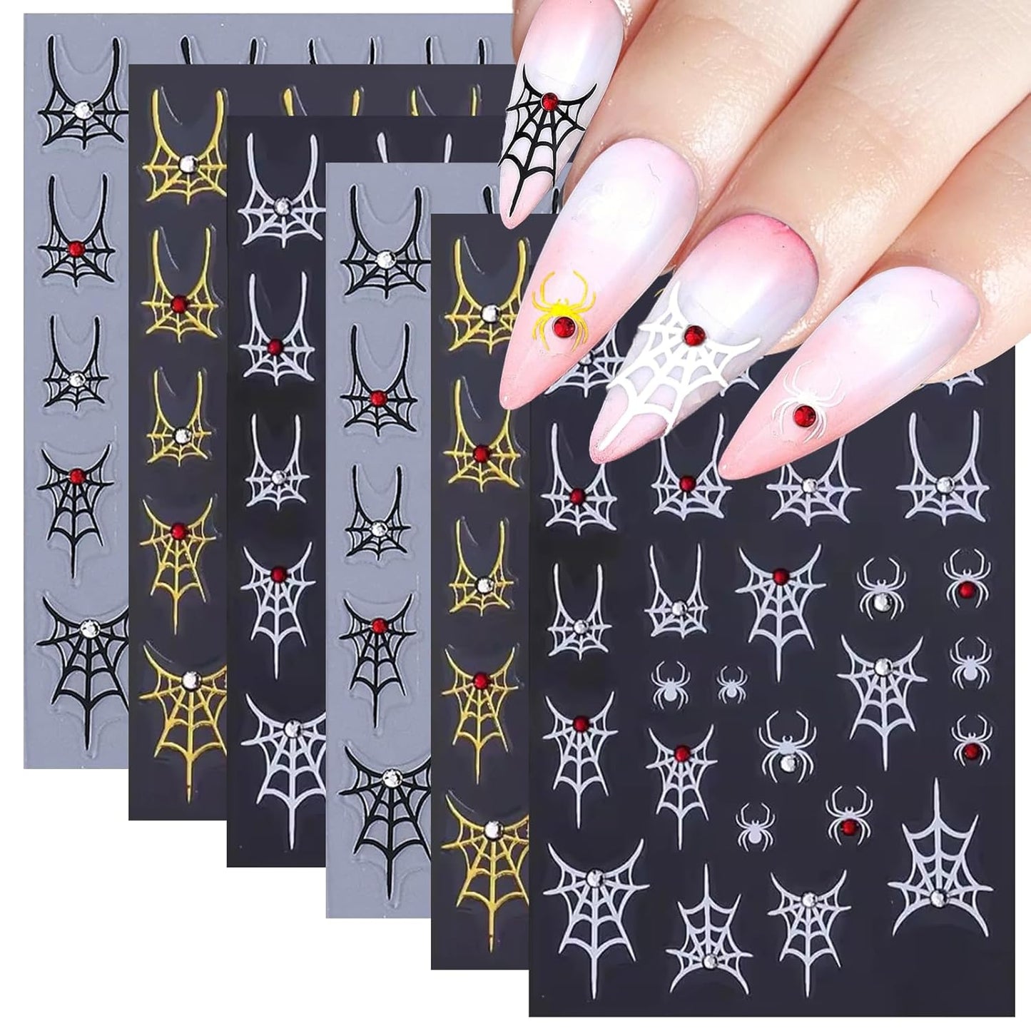 SILPECWEE 6 Sheets Halloween Nail Art Stickers, 3D Metal Nail Stickers Diamond Spider Web Nails Art Design Decal Manicure Sticker for Women Girl DIY Holiday Decoration-Velvo Beauty