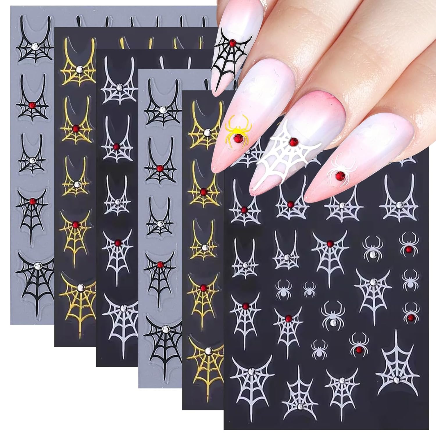 SILPECWEE 6 Sheets Halloween Nail Art Stickers, 3D Metal Nail Stickers Diamond Spider Web Nails Art Design Decal Manicure Sticker for Women Girl DIY Holiday Decoration-Velvo Beauty