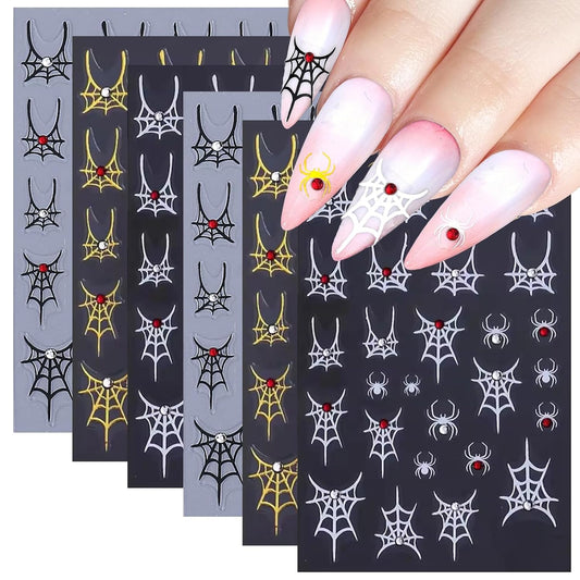 SILPECWEE 6 Sheets Halloween Nail Art Stickers, 3D Metal Nail Stickers Diamond Spider Web Nails Art Design Decal Manicure Sticker for Women Girl DIY Holiday Decoration-Velvo Beauty