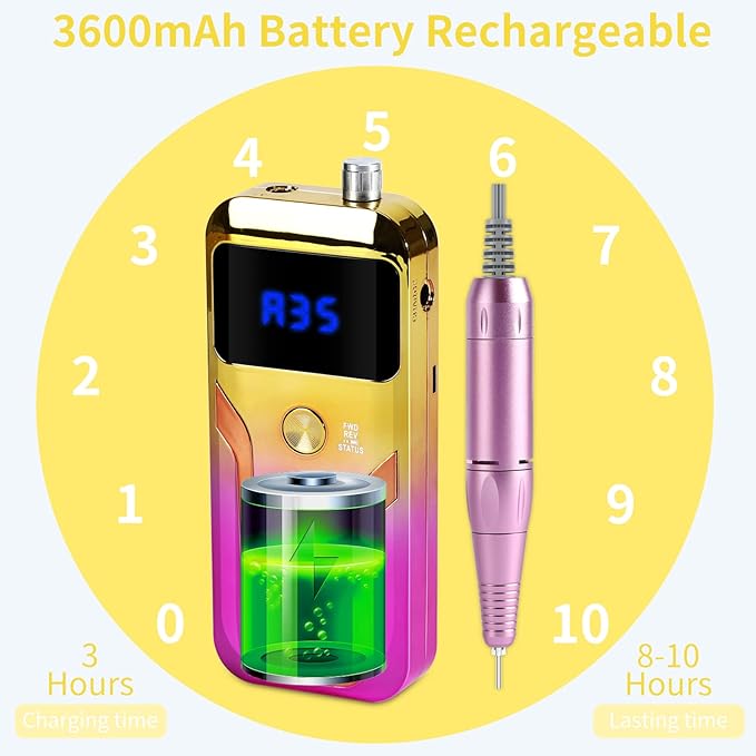 Portable Nail Drill Professional 35000 RPM, MOCOWIND Rechargeable Electric Nail File Machine for Acrylic Nails Gel Polishing, Cordless E-File with Bits Kit for Manicure Salon Home, Yellow & Purple-Velvo Beauty