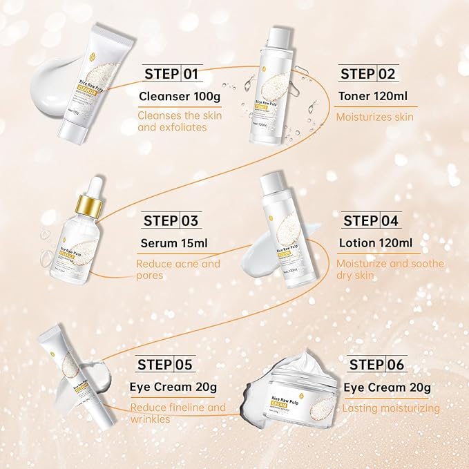 Rice Deep Nourishing Facial Care Set, 6Pcs Face Care Set for Women, Skin Care Set Includes Facial Cleanser, Toner, Lotion, Essence, Cream and Eye Cream.-Velvo Beauty