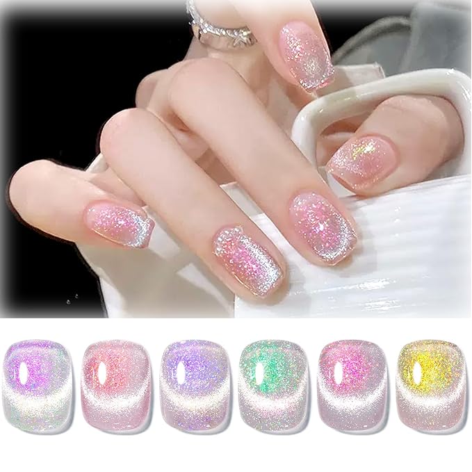 Born Pretty Cat Magnetic Eye Gel Nail Polish, Mermaid Aurora Holographic Pink Blue Green Yellow Gel Polish, Soak Off U V LED Gel Polish Nail Art Design Manicure Salon DIY Home 7ML 6PCS-Velvo Beauty