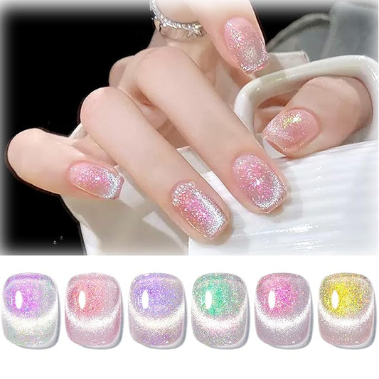Born Pretty Cat Magnetic Eye Gel Nail Polish, Mermaid Aurora Holographic Pink Blue Green Yellow Gel Polish, Soak Off U V LED Gel Polish Nail Art Design Manicure Salon DIY Home 7ML 6PCS-Velvo Beauty