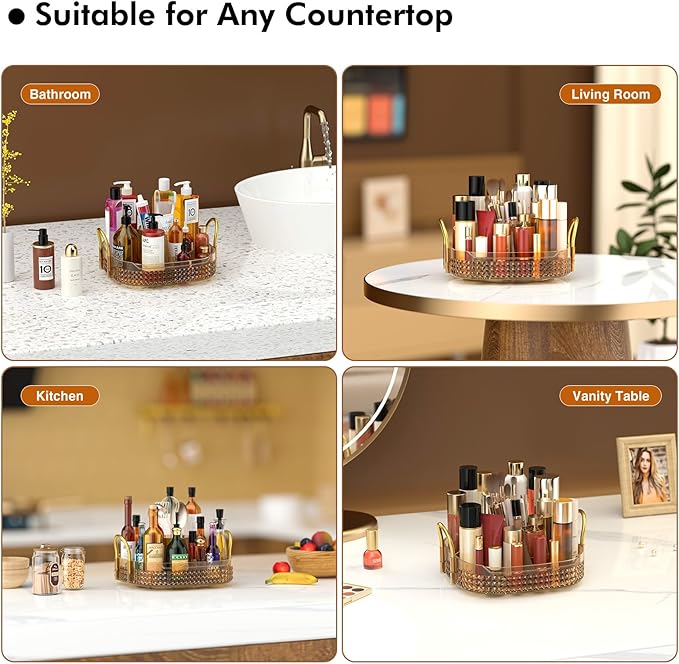 Awenia Rotating Makeup Organizer 360, Stackable Adjustable Large Capacity Cosmetic Storage Unit,Dresser Bathroom Kitchen Countertop Organizer with Metal Handle, Plus Size (Honorable Gold, 1 Tier)-Velvo Beauty