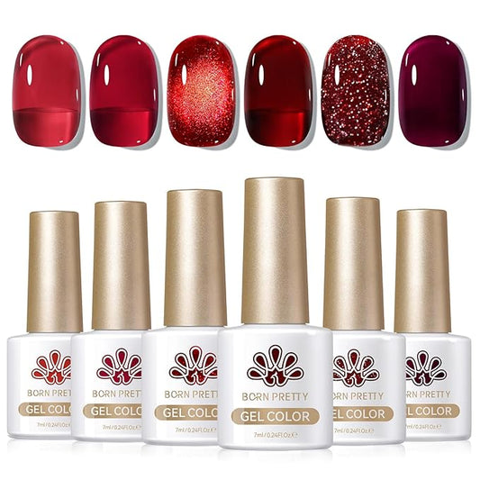 Born Pretty Jelly Burgundy Gel Nail Polish Ruby Red Glitter Cat Magnetic Eye Gel Nail Polish Fall Winter Blood Cherry Wine Red Gel Polish Glitter Soak Off Nail Art Salon Manicure Home Gift 7ml 6pcs-Velvo Beauty