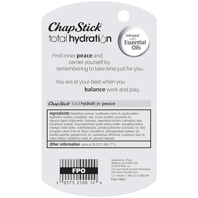 ChapStick Total Hydration Essential Oils Peace Lip Balm, Rosemary + Peppermint Lip Balm Tube, Lip Care - 0.12 Oz-Velvo Beauty