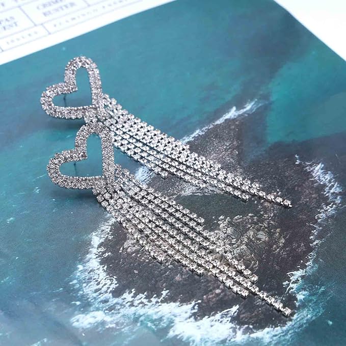 Boho Rhinestone Heart Tassel Earrings Long Tassel Chain Dangle Earrings Silver Crystal Cz Love Heart Studs Earrings Long Chandelier Dangle Earrings Wedding Cz Fringe Chain Earrings Jewelry for Women and Girls-Velvo Beauty