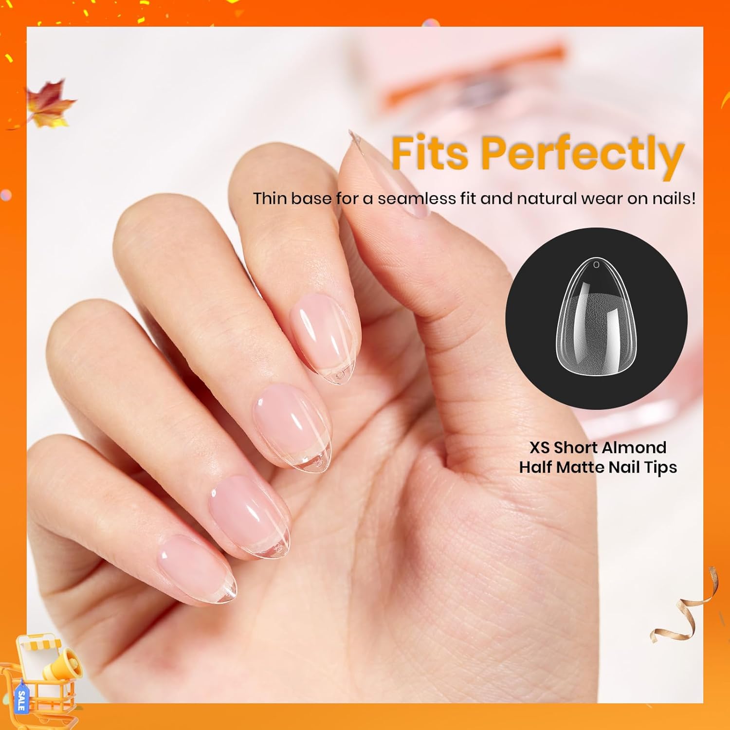 Beetles Extra Short Almond Nail Tips, 12 Sizes 288 PCS Pre-Shaped Clear Full Cover Etch Gel Nail Tips Clear Acrylic Nails Glue on Nails for Girls Women Nail Art Design,Nail Glue Needed-Velvo Beauty
