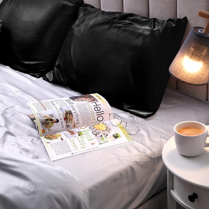 2 Pack Satin Pillowcase with Latent Zipper, Adjustable Satin Eye Mask for Sleeping and Satin Volume Scrunchie for Hair and Skin, Standard Size (Classic Style, Black)-Velvo Beauty