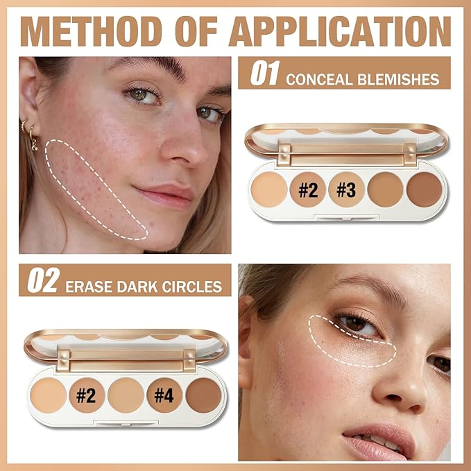 FOCALLURE #GoldenAge 5 in 1 Multi Uses Concealer Palette, 5 Colors Correcting Conceal Palette, Camouflage Contour Palettes for Dark Circles, Face Contouring Highlighter Pallet, NE02 MEDIUM-DEEP-Velvo Beauty