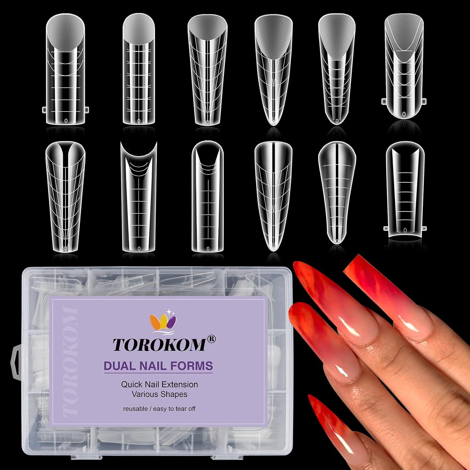TOROKOM Dual Forms for Poly Nail Gel 288PCS Dual Nail Forms Molds Stiletto Coffin Ballerina Acrylic Nail Tips 12 Shapes for Builder Gel Manicure Nail Art Design Salon DIY at Home-Velvo Beauty