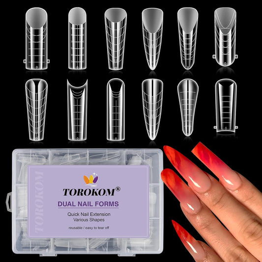 TOROKOM Dual Forms for Poly Nail Gel 288PCS Dual Nail Forms Molds Stiletto Coffin Ballerina Acrylic Nail Tips 12 Shapes for Builder Gel Manicure Nail Art Design Salon DIY at Home-Velvo Beauty