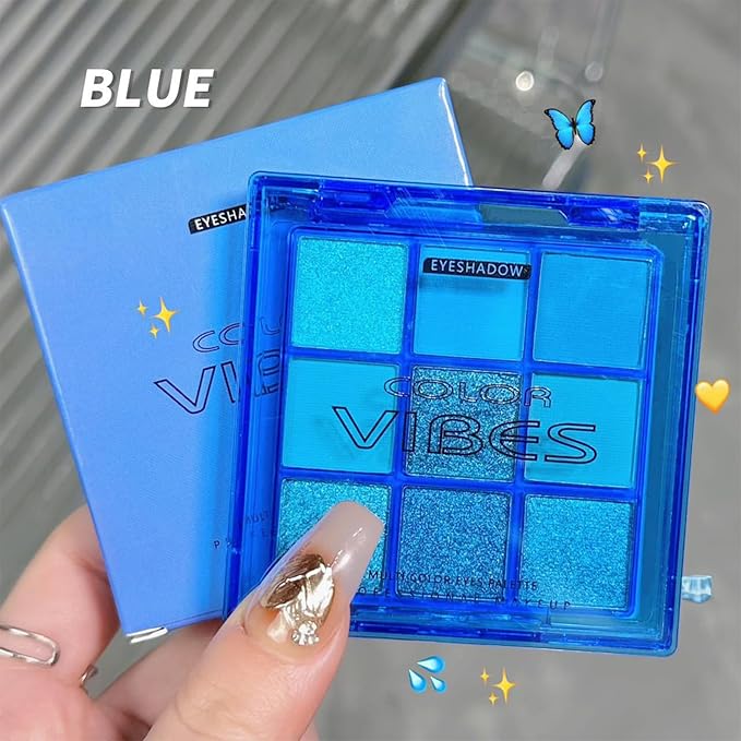 Erinde 9 Colors Dark Light Royal Cobalt Blue Pearl White Glitter Shimmer Eye Shadow Makeup Palette Highly Pigmented Waterproof Matte Glitter Shimmer Daily Party Sparkling Eyeshadow Palett for Girl-Velvo Beauty