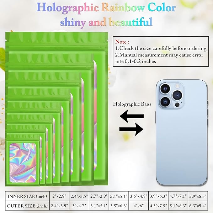 100 Pack Holographic Bags,Smell Proof Packaging Bags, Clear Window Resealable Odor Foil Pouch Mylar Bags for Food Storage and Lipgloss, Jewelry Lash(Green, 2.4 x 3.9 Inch)-Velvo Beauty