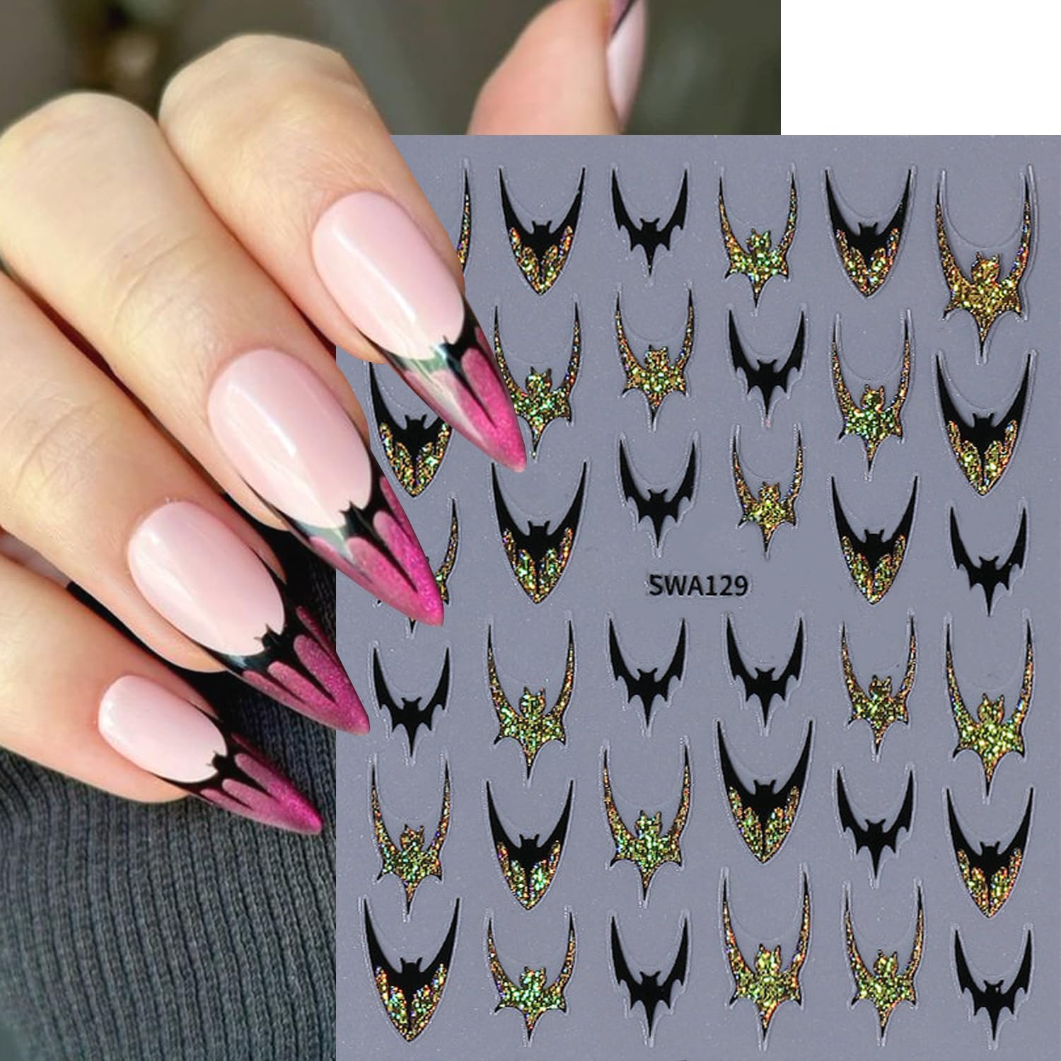 4pcs Halloween Bat Nails Art Stickers Glitter Holographic Gold Silver French Bat Design Adhesive Nail Decals Sliders Halloween French Sticker for Nails Supplies Accessories Y2K Manicure Decor-Velvo Beauty