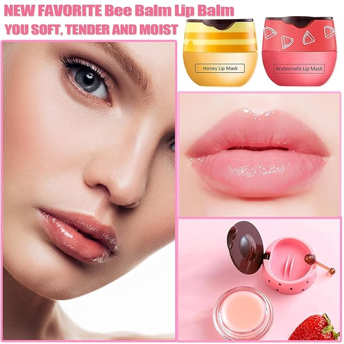 3 PCS Bee Lip Balm Honey Pot, Honey&Strawberry&Watermelon Lip Sleeping Mask Hydrating Prevention Dry and Cracked Lip Scrubs Exfoliator Lip Care, Overnight Lip Mask Reduces Lip Lines-Velvo Beauty