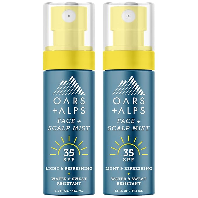 Oars + Alps Face & Scalp Sunscreen Spray Mist, SPF 35 Facial & Hair Sunscreen, Protects from Blue Light, Incfused with Aloe Vera + Cucumber, Water & Sweat Resistant, Summer Splash Scent, 2pk-Velvo Beauty