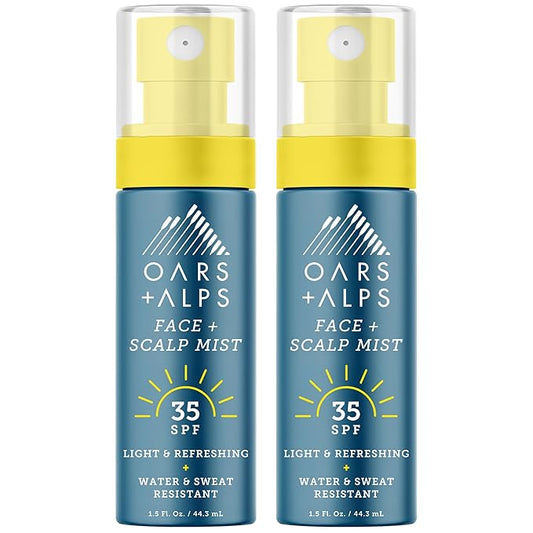 Oars + Alps Face & Scalp Sunscreen Spray Mist, SPF 35 Facial & Hair Sunscreen, Protects from Blue Light, Incfused with Aloe Vera + Cucumber, Water & Sweat Resistant, Summer Splash Scent, 2pk-Velvo Beauty