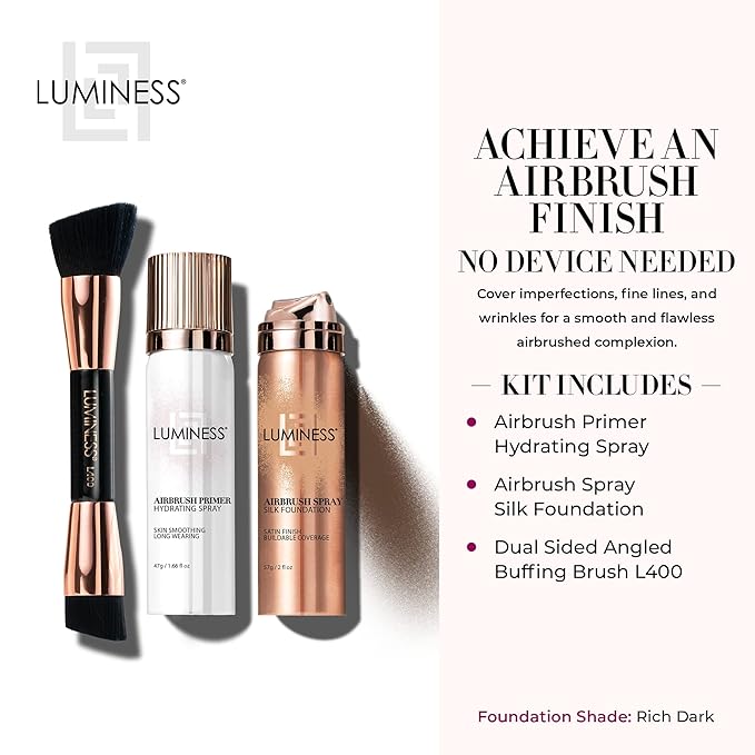 LUMINESS Airbrush Spray Silk Foundation Starter Kit - Rich Dark - Foundation, Primer & Dual-Sided Angled Buffing Brush - Medium, Buildable Coverage, Anti-Aging Formula Hydrates & Moisturizes-Velvo Beauty