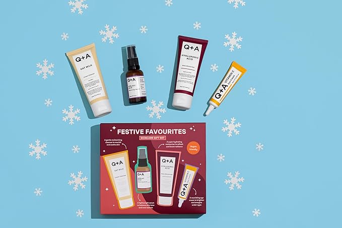 Q+A Festive Favourites Gift Set, containing a Hyaluronic Acid Moisturiser (75ml), an Oat Milk Cream Cleanser (75ml), an Azelaic Acid Serum (30ml), and a Caffeine Eye Serum (15ml)-Velvo Beauty